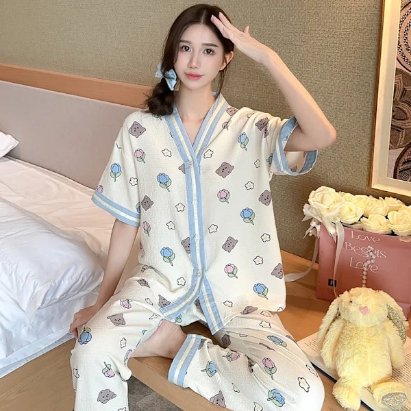 2 st/set Stora koreanska version av den casual klassiska söta lilla blommiga pyjamas kortärmade långbyxor svåra hemmakläder 2307 2XL