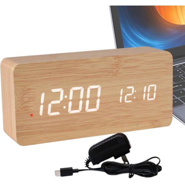 Snygg Träväggklocka med Smart Alarm, LED-Display, Justerbar Ljusstyrka för Sovrum bamboo color