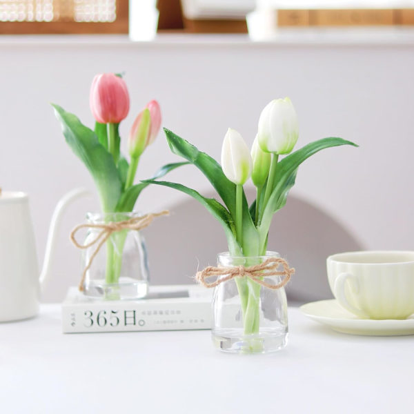 2 Pakke Ægte Touch Tulipaner i Glasvase med Kunstig Vand, Blomsterarrangementer til Borddekoration White+pink