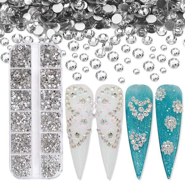 3600 kpl Nail Art -timantteja AB-timantteja helmiä Nail Gems pyöreän muotoisia Flatback Gems Stones -nastoja 6 kokoa laatikolla Crystal AB Crystal AB