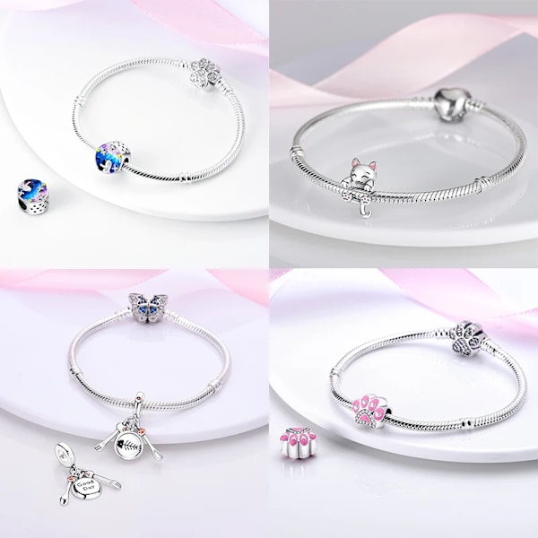 925 Sterling Silver Katt Och Hund Serien Bästa Vän Hängande Fit Original Pandora Armband Charms Pärla Halsband Diy Fe Fe Fe Fe Fe Fet Smycker SMC3821