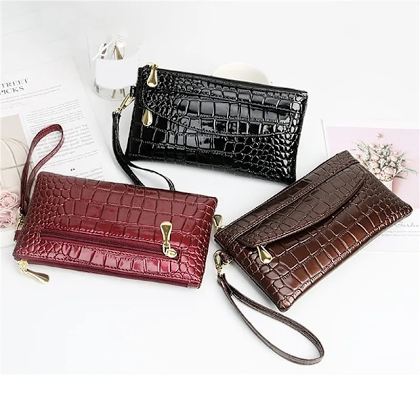 Alligator Läder Damplånböcker Lång Tygväska Dam Plånbok med dubbla dragkedjor Dam Clutchväska Design Handväska Krokodilplånböcker Wine Red   1