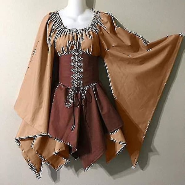 Kvinnors medeltida renässanskostymer Piratkorsettklänning Kvinnor Flare Sleeve Traditionell irländsk kort Khaki and Brown SQBB