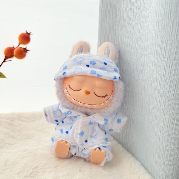 Hængende blå øjenmaske pyjamas tredelt sæt, (kun tøj) 17cm macaron Labubu Time to chill dukketøj