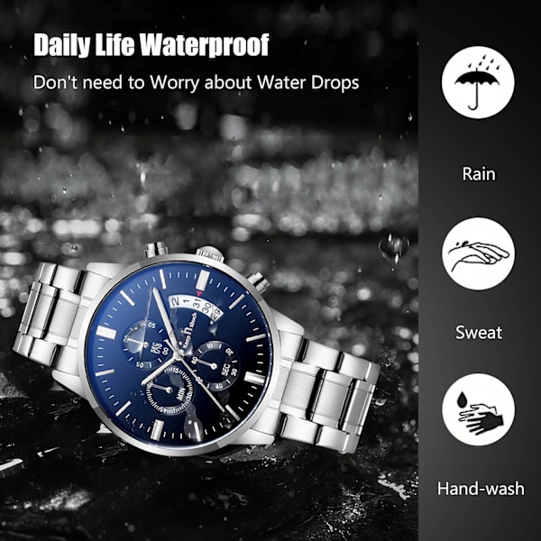 Mænd Analog Kvarts Forretningsure Lysende Vandafvisende Armbåndsur Dato Kalender Ur Chronograph Rustfrit Stål Rem Ur Sølv Sort Silver black