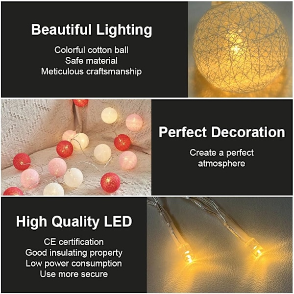 Bomuldsbolde lyskæde, 3,3 m bomuldsbolde lyskæde, 20 LED-bolde lyskæde, lyskæde, LED-lyskæde til børneværelse, soveværelse, jul, bryllup, fest ROSA USB