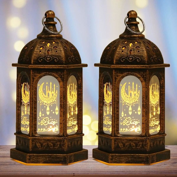 LED Eid Mubarak Lykta, Batteridriven Vintage Ramadan Dekoration (Brun, 2 st) 2 pcs brown