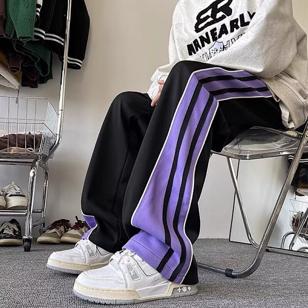 Sweatbyxor Mäns Höst Och Vinter Höga Gatan Amerikanska Modemärke Randiga Sömning Sport Byxor Lösa Rakt Brett Ben Casual Casuale Byxor Black XXL