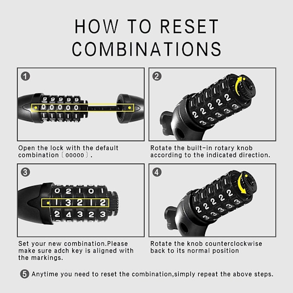 Sykkellås Sykkelskapskombinasjon 5-sifret 120 cm/12 mm Lang sykkelkabel Lås Sykler Kjede Høy sikkerhet for E-Bike Mountainbike utendørstilbehør
