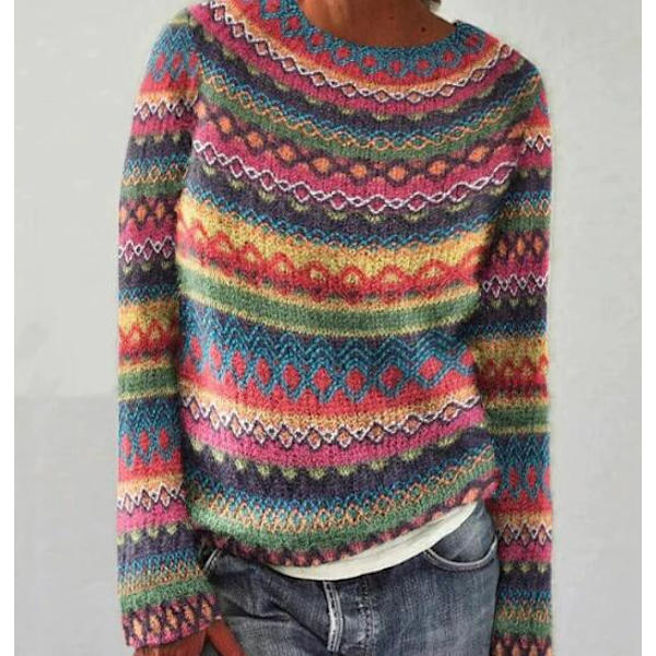 Damtröja i löst stick - Rund hals, färgblock, modetröja, ros, 2XL Rose 2XL