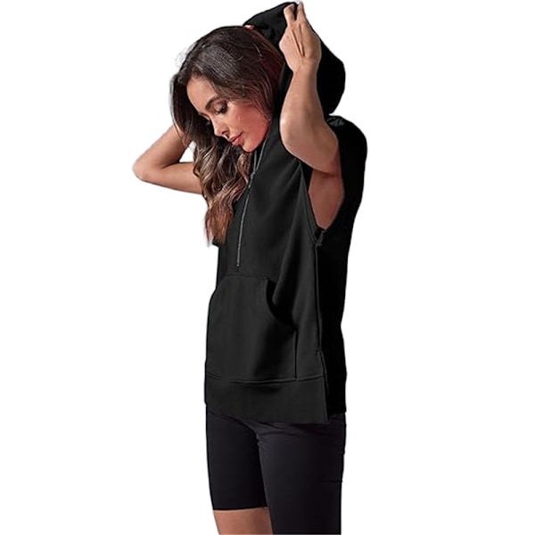 Naisten lyhythihainen puoli vetoketju pullover baggy huppari pullover casual huppari topit paita Musta Black L Black L