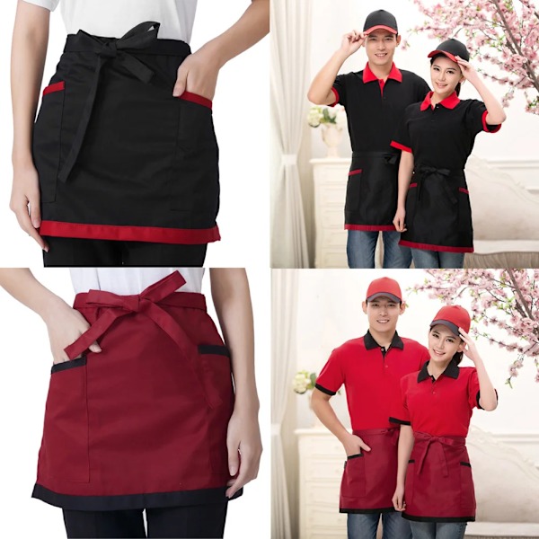 4 Style Universal Unisex Halv Bust Bib Förkläde Restaurang Kök Kaffe Te Shop Servitris Uniformer Midja Kort Ap Fickar Apron  3