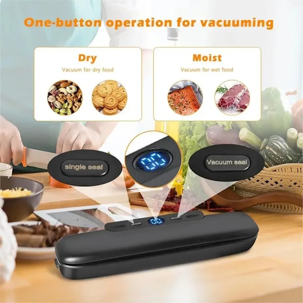 Vakuumforsegling Emballeringsmaskine Mad Vakuumforsegling med gratis 10 stk Vakuumposer Husholdningskøkken Vakuummadforsegling 220V Sort
