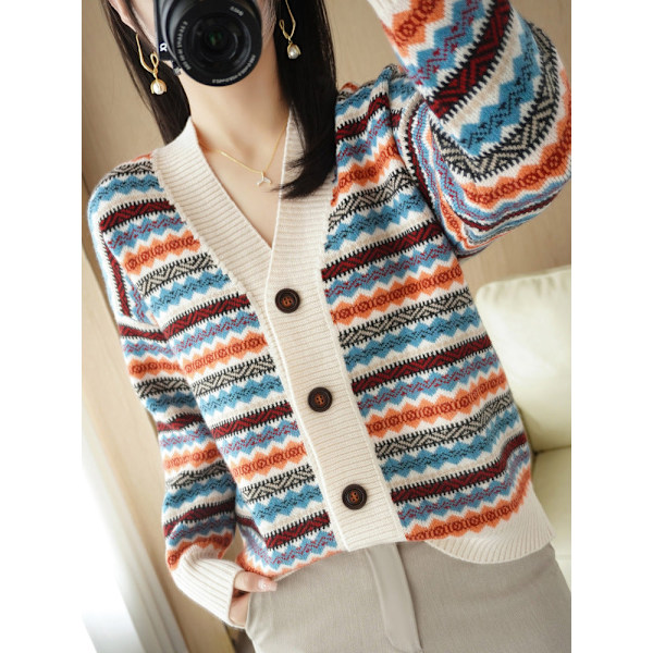 Dam flickor Stickad tröja Koreansk stil V-ringad Etnisk stil Jacquard stickad cardigan Beige M Beige M