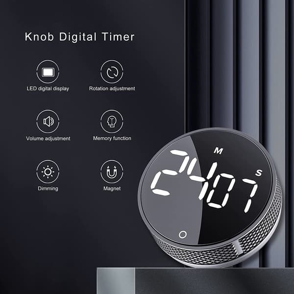 Digital køkkentimer - Magnetisk timer - Brusetimer - Batterier inkluderet - Stopur - Drejeknap - LED-display - Smart timer - Tæl op - Tæl ned