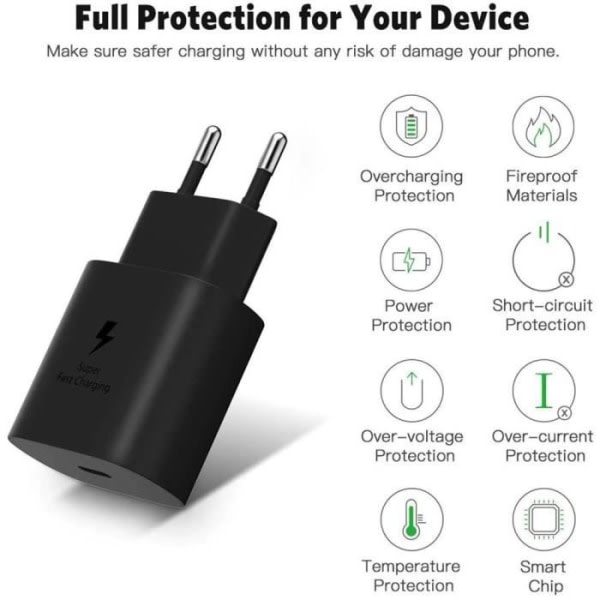 CQBB 25W adapterladdare + 60W snabb USB-C-kabel för Samsung Galaxy A13 A14 A12 A03s A04s A22 A23 A24 - Svart