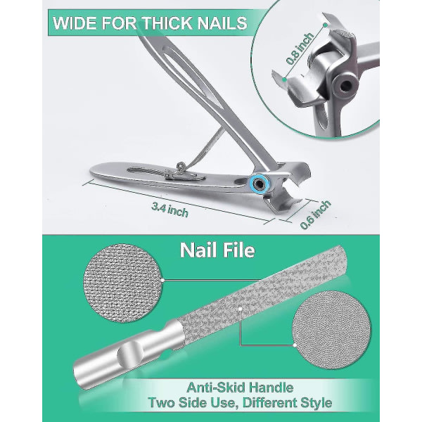 Tånagelklippare för tjocka och inåtväxta naglar för seniorer - Nagelklippare med mjukt grepp i rostfritt stål med nagelfil
