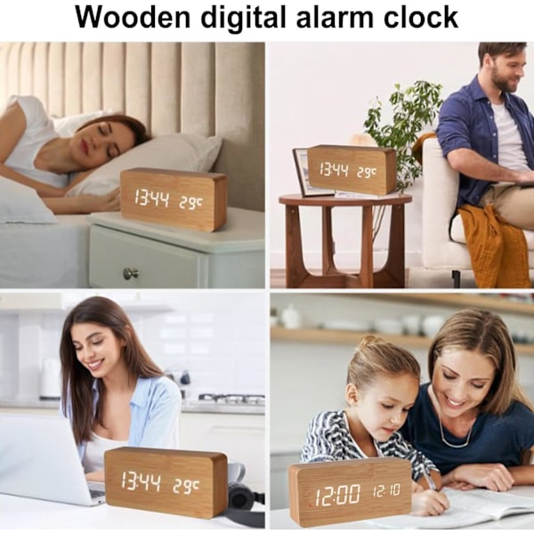 Snygg Träväggklocka med Smart Alarm, LED-Display, Justerbar Ljusstyrka för Sovrum bamboo color