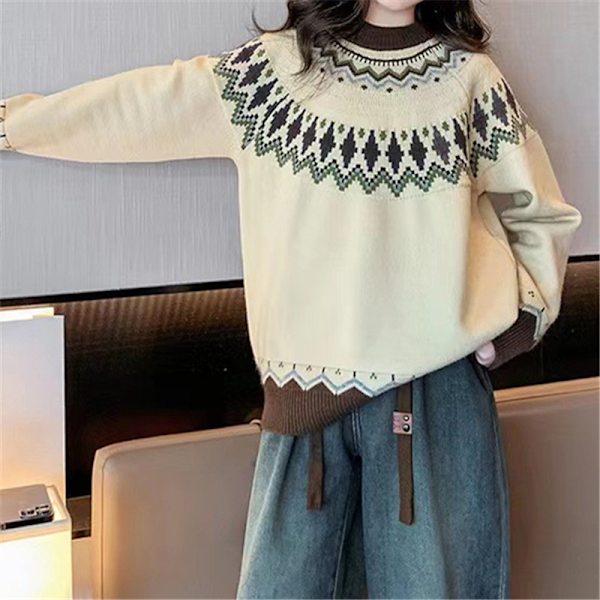 Damtröja i löst stick - Rund hals, färgblock, modetröja, brun, 2XL brown 2XL