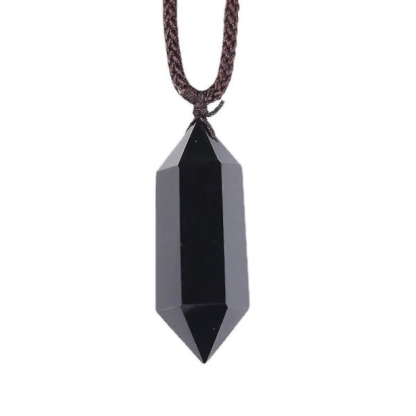 Svarta Obsidian Healing Crystal Hängen, Dubbelspets Natural Crystal Quartz Halsband 6 facetterade Chakra Crystal Wand Stone B1115-62