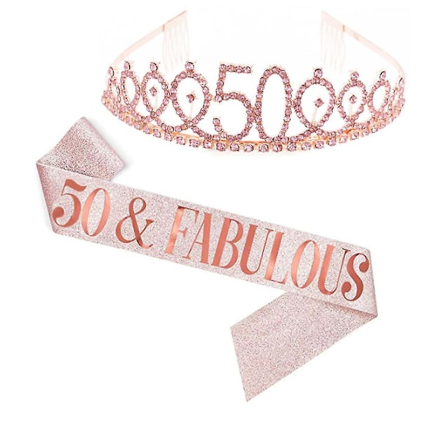 Sash og tiara-sett med glitrende strass og bokstavtrykk for bursdag Rose Gold 50 år gammal