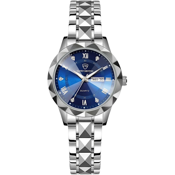 Enkel Dame Armbåndsur i Rustfrit Stål Elegant Analog Kvarts Lysende Blå B Blue B