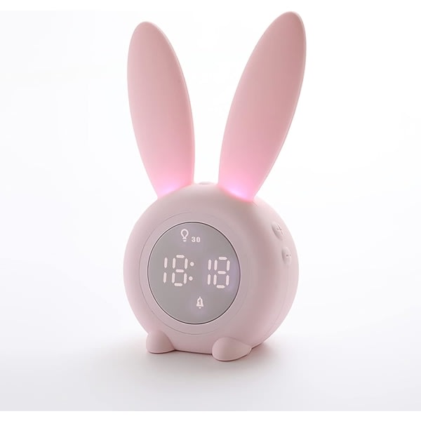 CQBB Kaninväckarklocka för barn med nattljus 6 ringsignaler, söt pekkontroll och uppladdningsbar snoozeklocka för barn, flickor, sovrum