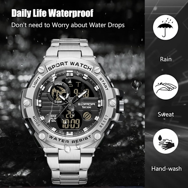 Herrar Dubbel Display Klocka 5 ATM Vattentät Digital Analog Militär Rostfritt Stål Svart Silver C Black silver C