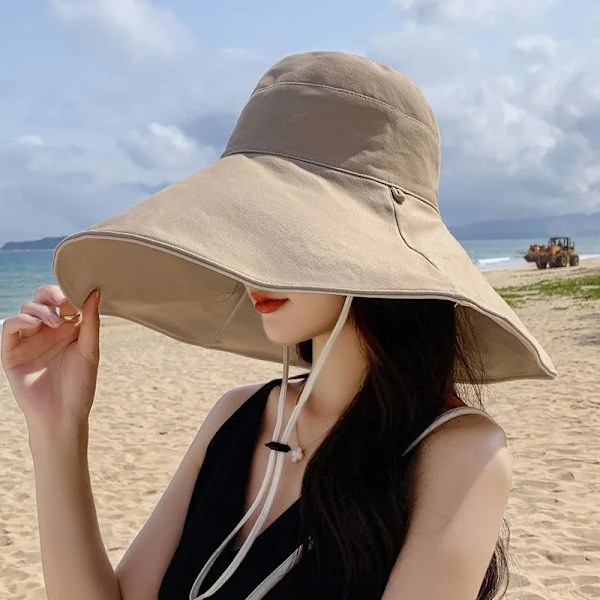 Bred brätte UPF 50+ Solhatt Dam Anti-UV-skydd Vandring Fisherman Cap Vik Sommar Solid Beach Hat 2023 Dubbelsidig solhatt khaki 55-60cm