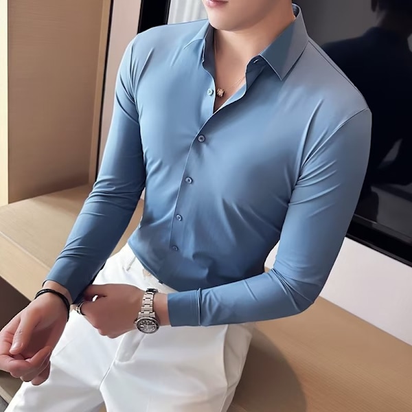 Mäns Tröja Lång Ärm Sommar Slim Fit Stretch Business 2023 Nya Mäns Kostym Skjorta White Short Sleeve M