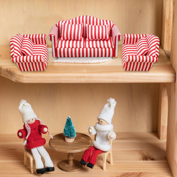 Nukkekodin sohvasetti - 1:12 mittakaava Punainen & Valkoinen Raidalliset Miniatyyri Nojatuolit Lasten Leikkikaluille RED Three piece set