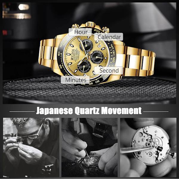 Casual Klocka för Män Kvarts Mode Rostfritt Stål Armbandsur Luminous Analog Armbandsur Vattentät Datum Kalender Klocka Guld a Gold a