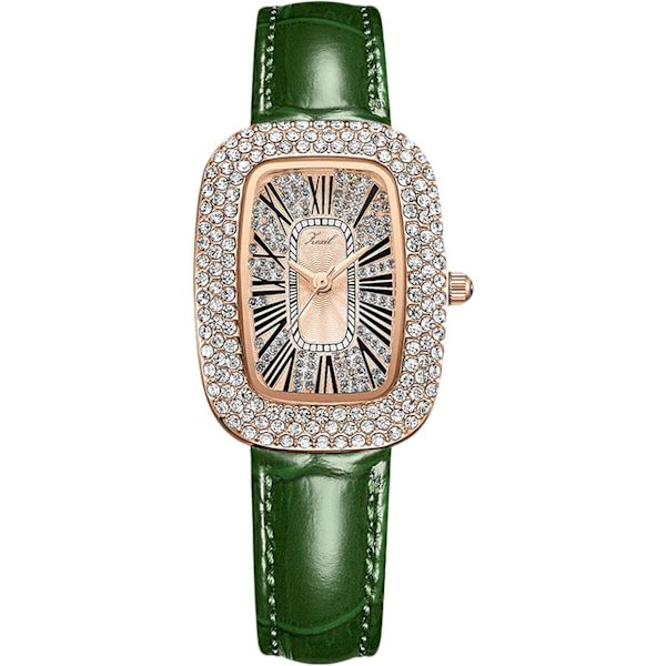Damklocka med diamanter, analog kvarts, strass, elegant armband, läder, vattentät, grön Green