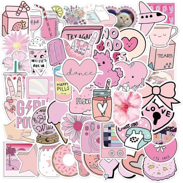 CQBB 50 st Kawaii Pink Stickers - Söta estetiska vackra VSCO Grils Preppy Stickers för vattenflaska, bärbar dator, bagage, dator