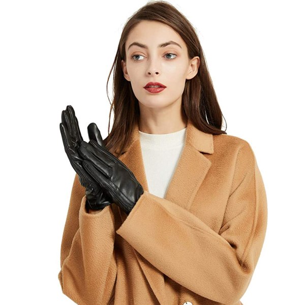 CQBB Vinterläderhandskar för kvinnor, ullfleecefodrade varma handskar, Black