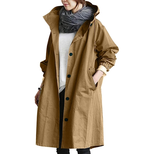 Huva Fickor Lång Ärm Vindjacka Lös Rock Mitt Längd Jacka Brittisk Stil Kvinnor Kläder Solid Höst Tunn Casual Casual Casual Case Vintage Brun L