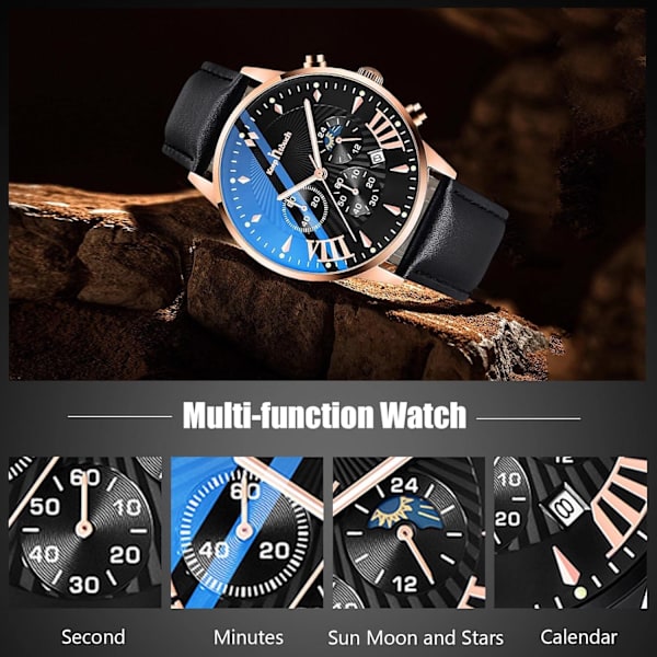 Multifunktionell Herrklocka Business Analog Kvarts Klocka Sport Chronograf Armbandsur 3ATM Luminous Klocka, Guld Svart A, L, Armband