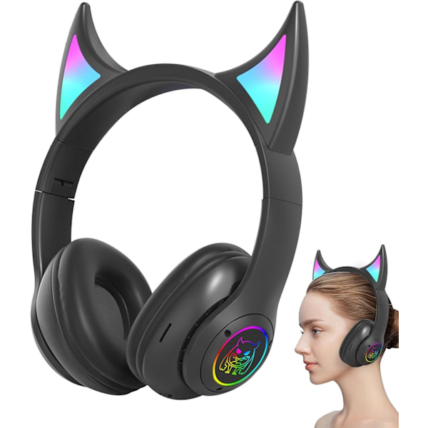 RGB Gaming Headset med Katteører, Letvægts Over-Ear Høretelefoner til Studerende Pure black