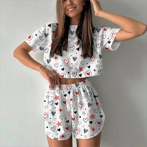 Kvinners Utskrift Pyjamas Set Sommer Casual Kvinners Kort Erme Topper Shorts Sleepwear 2 Bit Set Rund Hals Hem Loungeklær SY038-7 L