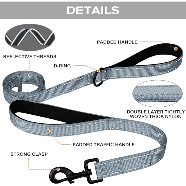Solid Hundefører med Dobbelt Håndtak, Refleks for Trafikkontroll, 5FT, Grå Grey 5 ft 2 Handle