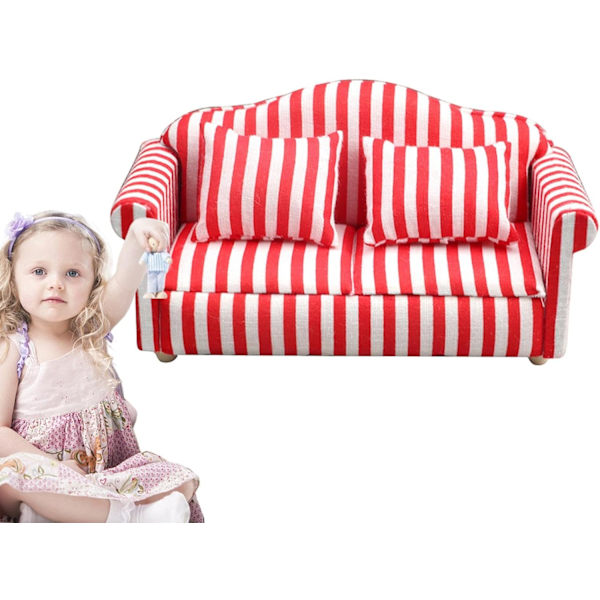 Nukkekodin sohva ja nojatuolisetti - 1:12 mittakaava Punainen ja valkoinen raidallinen miniatyyrihuonekalulelu RED double sofa