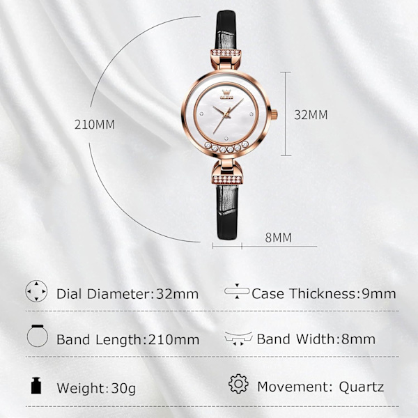 Elegant Damearmbåndsur med Diamant - Analogt Kvartsur Vannresistent Smaragd Ur - Mote Klesur med Lærreim Svart Black