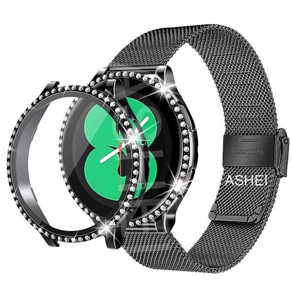 Til Samsung Galaxy Watch 4 5 6 Rem 40Mm 44Mm Mesh Loop Rustfrit Stål Rem Bling Fald Hærdet Glas Skærmbeskytter sort sæt watch6 44mm