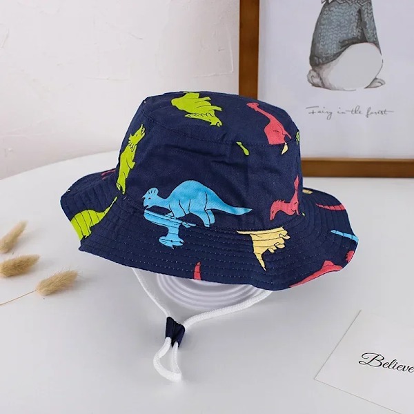 Ny Panama Baby Flickhatt Cap Resor Pojkar Fiskarkeps Cap Barn Hinkhattar Bomull Toddler Baby marinblå dinosaurie 52cm(passar 2-5år)