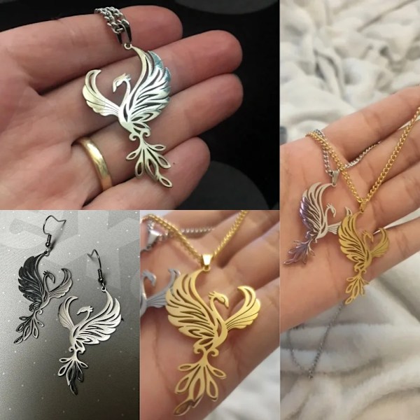 Eueavan 5St Phoenix Rostfritt Stål Tänd Brand Fågel Hummingbird Charms Lycka Halsband Örhängen Smycken Att Göra Försörjningar C stål färg
