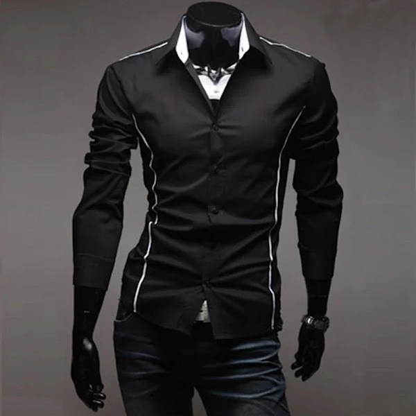 Miesten raidallinen paita Pitkähihainen Slim Fit Valkoinen Sosiaalinen Casual Paita Miesten Business Camisa Masculina Chemise Joulupaita 1038-Black L