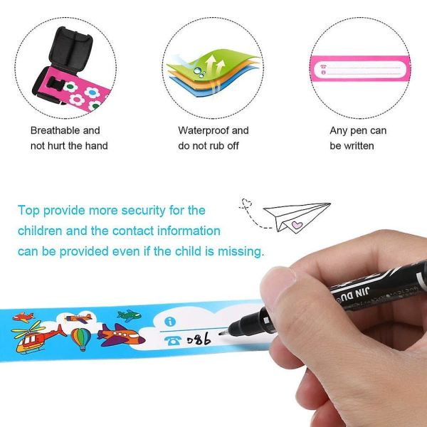 Säkerhetsarmband, 8 st Kids ID-armband med penna för nödarmband för barn, Anti Lost Safety ID-armband