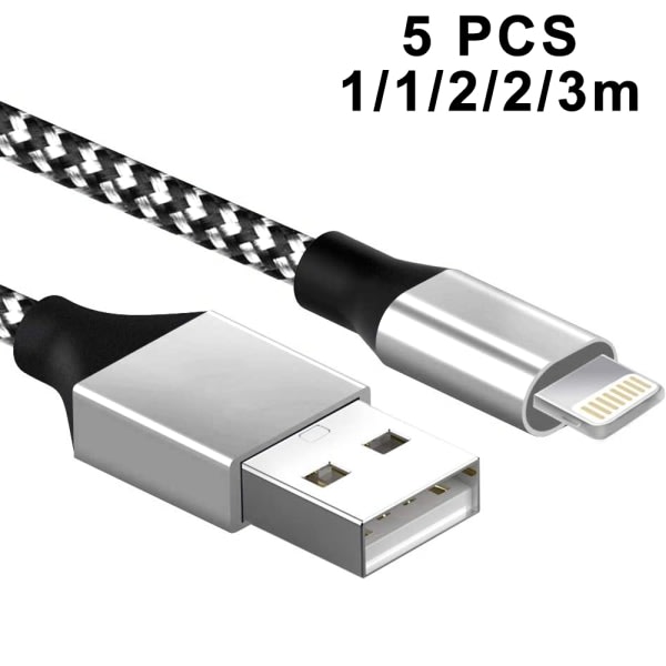 CQBB Laddare i en låda, kabel 10Ft x 1 6Ft x 2 3Ft x 2 flätad kabel Kompatibel iPhone-kabel Datasynkkabel - Svart och vit