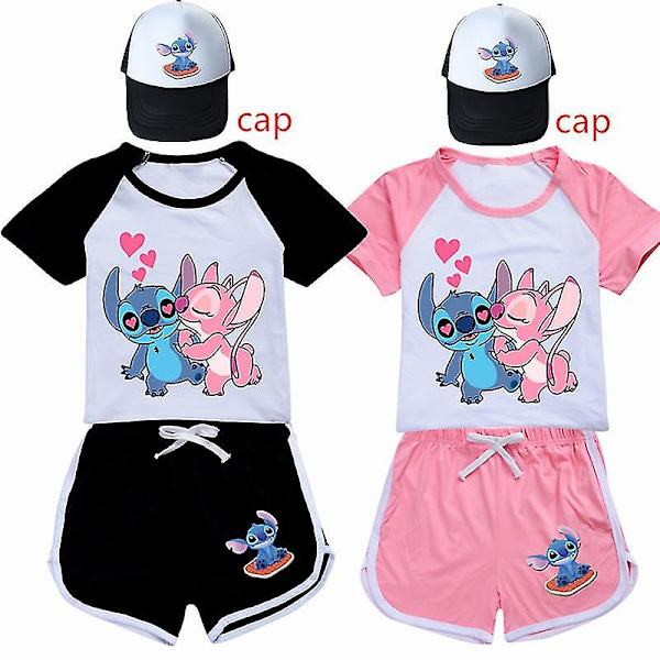 Lilo ja Stitch -pyjamasetti, kesä, lapsille, lyhythihainen t-paita, yövaatteet, pyjama, piirretty Lilo Stitch, lapsille, cos-urheiluvaatteet, asut 11-12T(160) 4T(110) 2076black