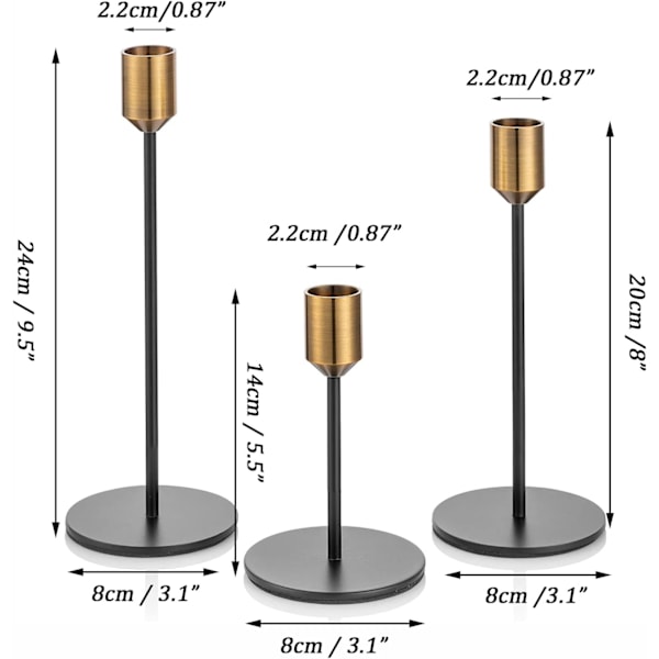3 kpl Moderni Rautakahdeksan muotoiset Kynttilänjalat, Koristeelliset Kartiomaisille Kynttilöille Black & Gold H 5.5-8-9.5inch
